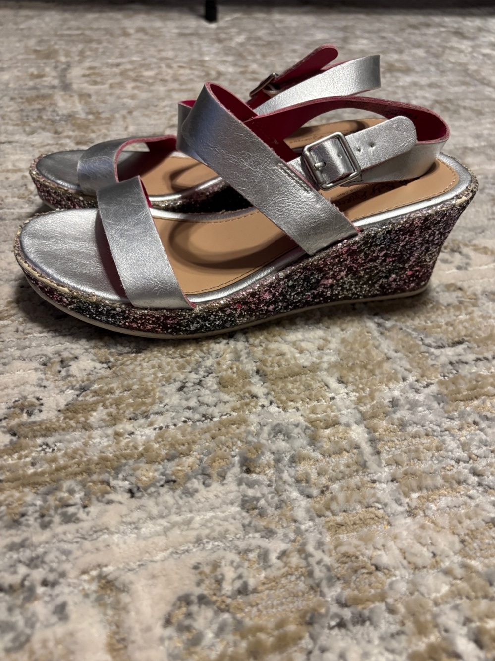Self Esteem Silver Wedge Sandals with Pink-Accented Glitter Platform